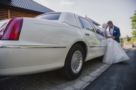 white, sedan, hugging, bride, groom, car, transportation, wheel, automobile, vehicle