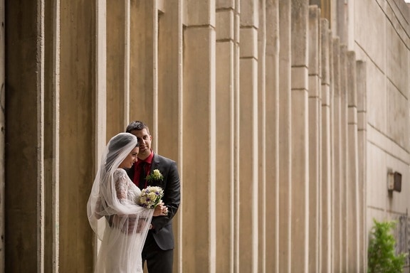Posering, gate, kone, mann, bruden, vegg, arkitektur, brudgommen, bryllup, kjole