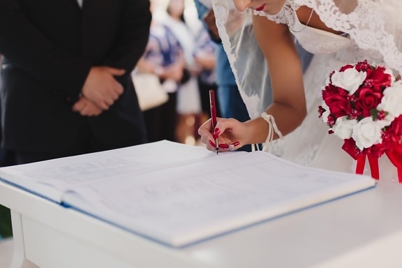 bride, signature, wedding bouquet, marriage, wedding dress, people, meeting, paper, businessman, professional