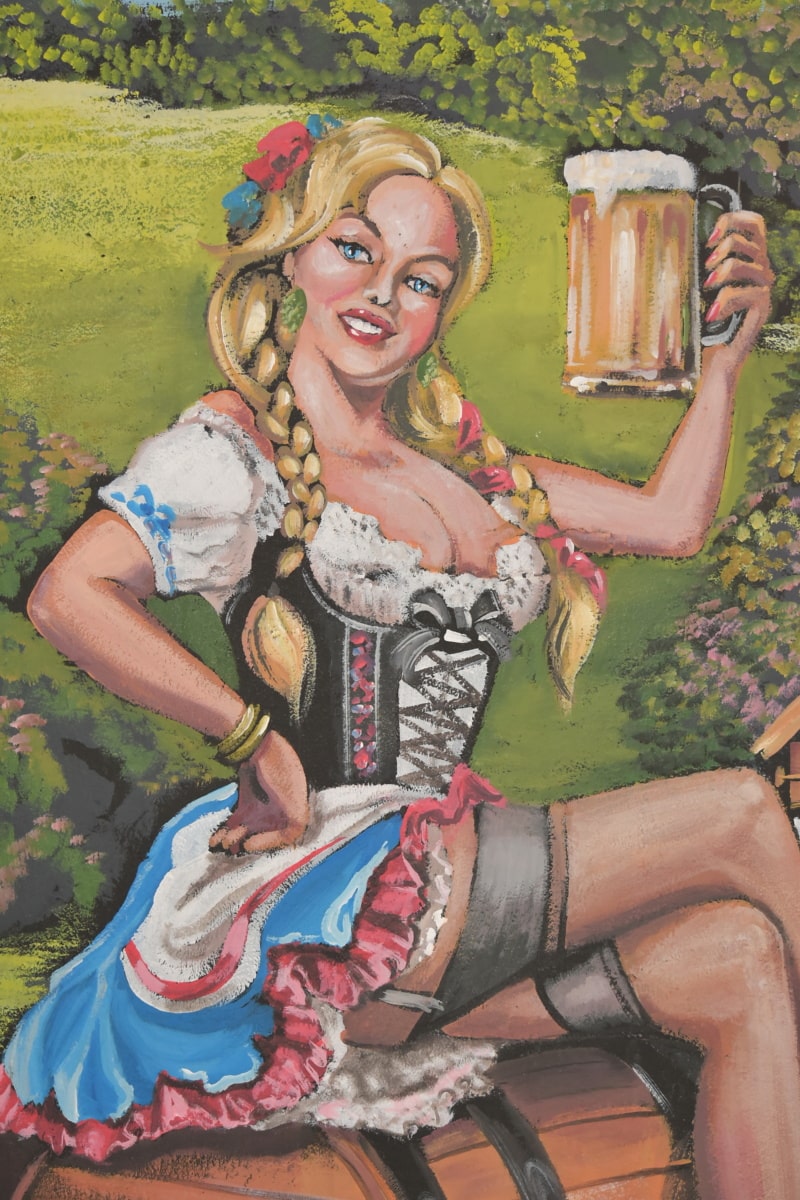 pen jente, blonde hår, gammeldags, drakt, mote, Graffiti, gammel stil, øl glass, kunst, illustrasjon