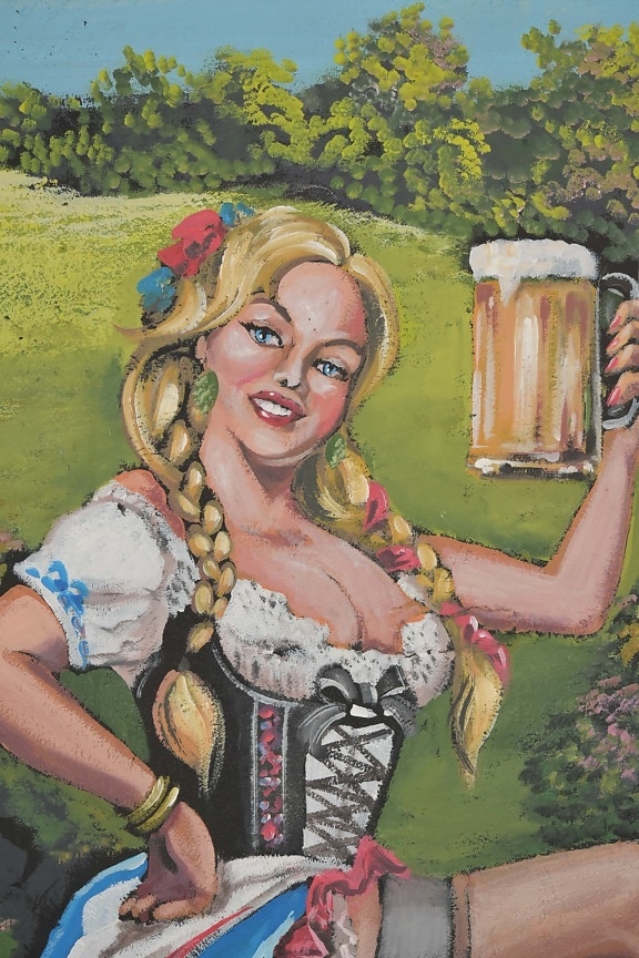 verre à bière, blonde, Allemagne, Allemand, Graffiti, conception, bière, Jolie fille, peinture murale, cheveux blonds