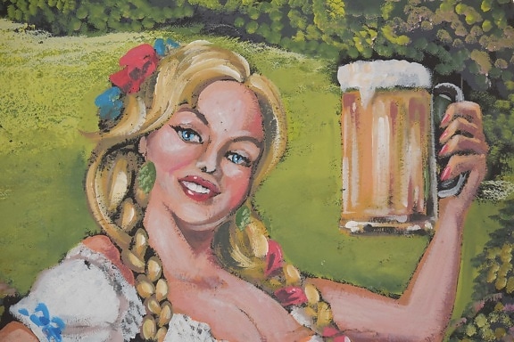 blond vlasy, krásne dievča, vizuálne efekty, graffiti, pohár na pivo, úsmev, pivo, umenie, žena, ilustrácie