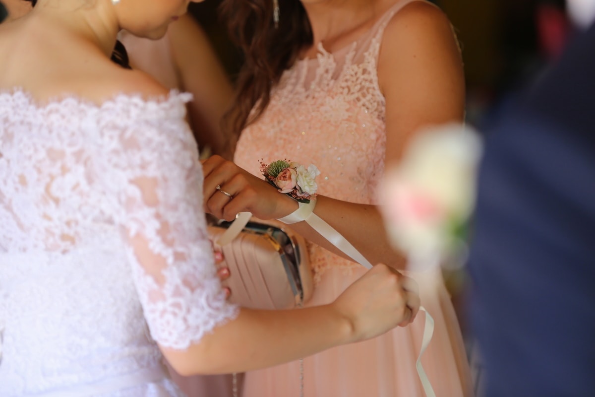 Blume, Detail, Zubehör, Kleid, Handtasche, Hochzeit, Frau, Braut, Engagement, Romantik