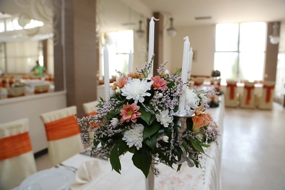 dining area, candlestick, lunchroom, decoration, flowers, arrangement, bouquet, interior design, indoors, dining