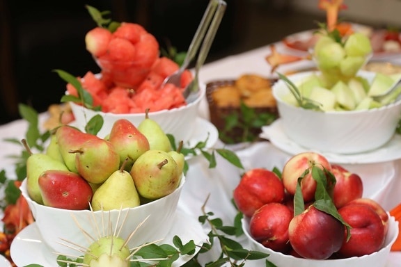 沙拉吧, 桃子, 自助餐, 梨, 新鲜, 维生素, 蔬菜, 饮食, 健康, 水果