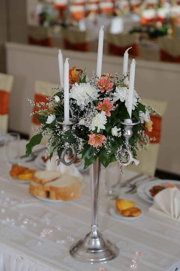 candlestick, elegance, candles, dining area, bouquet, interior design, table, wedding, indoors, knife