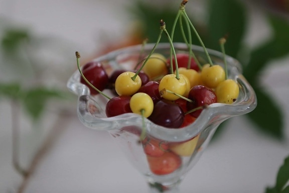 cherries, yellowish, dessert, cranberry, cherry, sweet, fruit, food, still life, leaf