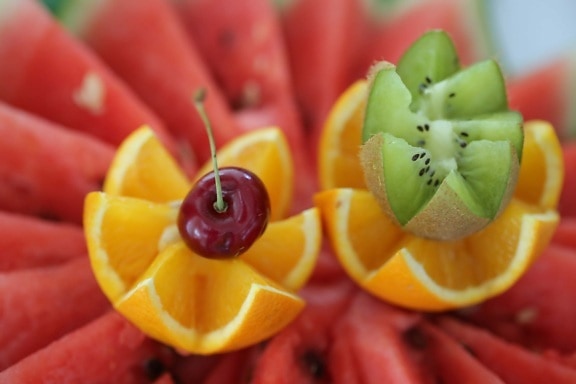 watermelon, cherry, kiwi, orange peel, food, tropical, fruit, nutrition, delicious, vitamin