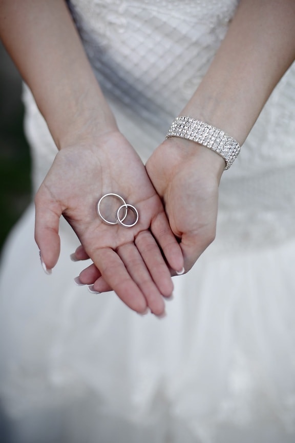 bague de mariage, robe de mariée, anneaux, bracelet, diamant, mains, femme, la mariée, mariage, peau