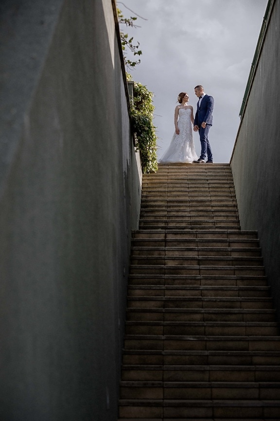 groom, bride, stairs, high, people, step, girl, street, man, landscape