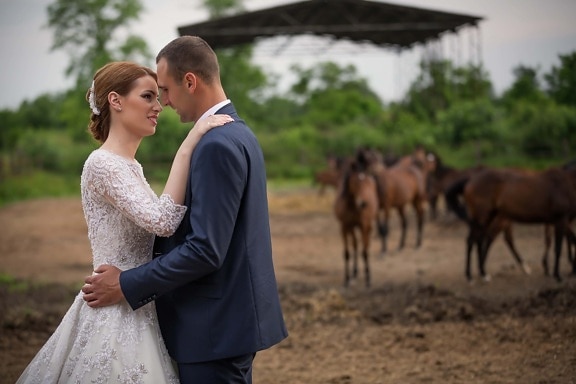 Ranch, jeune marié, chevaux, la mariée, cheval, mariage, femme, gens, amour, homme