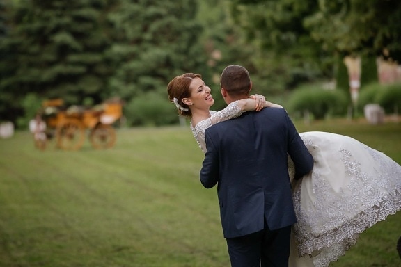 countryside, village, groom, bride, happiness, smile, wedding, grass, outdoors, love
