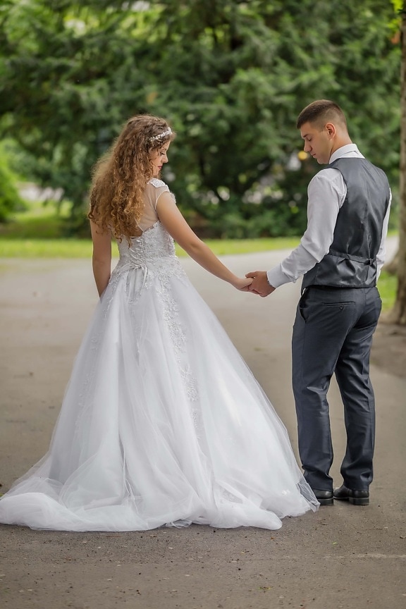 la mariée, jeune marié, modèle photo, robe de mariée, costume, marche, amour, mariage, marié, robe