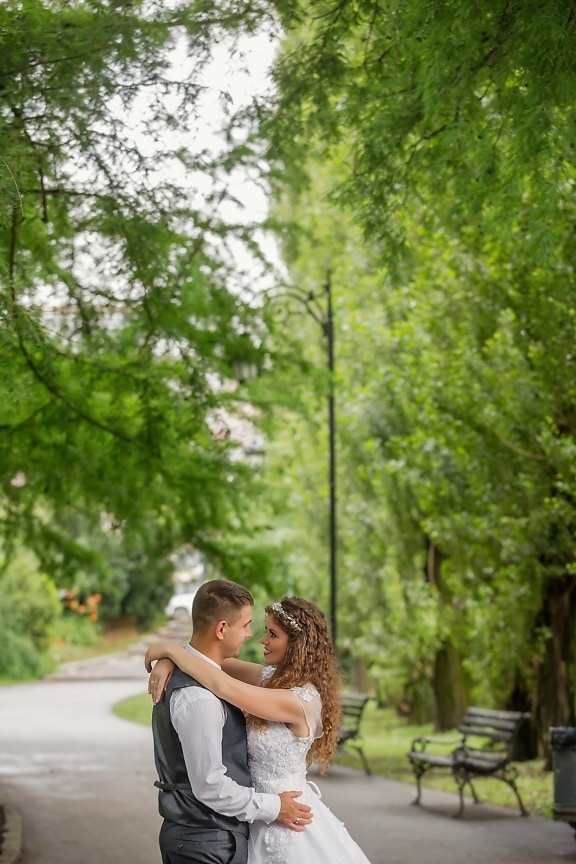 love, couple, romantic, hugging, pathway, garden, bride, park, forest, wedding