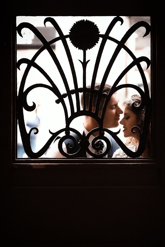 man, kiss, woman, window, silhouette, light, door, art, shadow, gate
