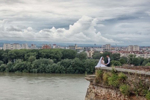 fiume, Danubio, Panorama, sposa, sposo, orizzontale, acqua, canale, architettura, natura