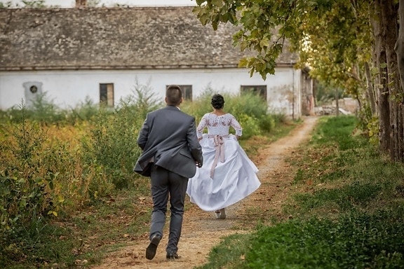 running, bride, trail, village, villager, rural, dress, married, couple, marriage