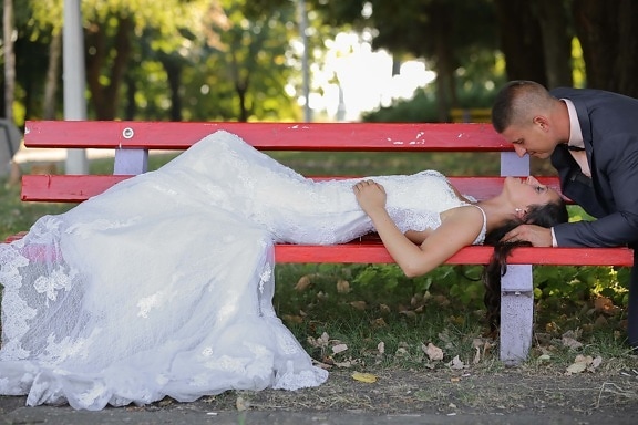 bride, groom, just married, park, kiss, bench, people, nature, outdoors, girl