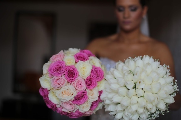 bouquet de mariage, la mariée, floue, à l'intérieur, bouquet, mariage, décoration, arrangement, fleur, amour