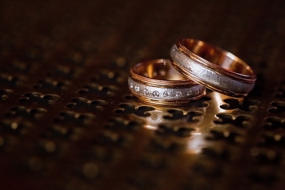 diament, złota, pierścienie, złoty połysk, cień, zbliżenie, rozmycie, Martwa natura, Biżuteria, ślub