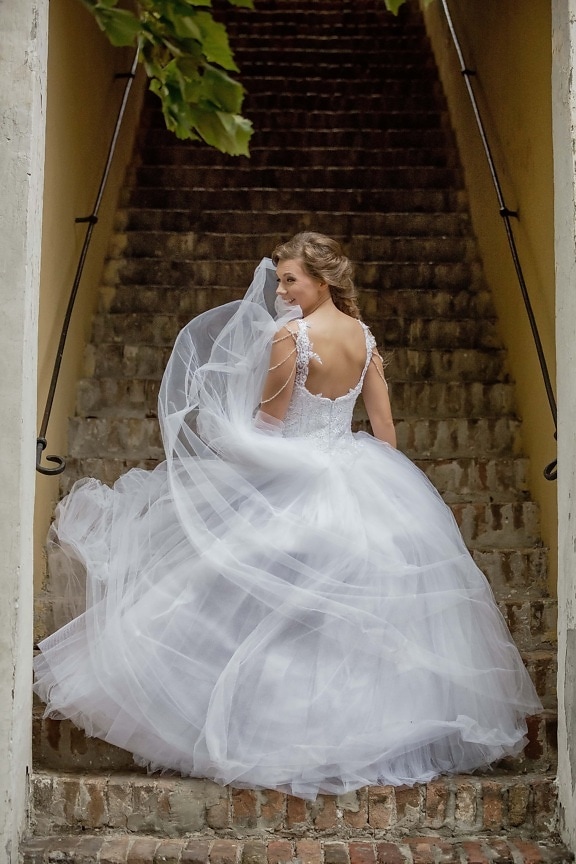 bride, gorgeous, pretty girl, stairs, dress, wind, married, skirt, marriage, wedding