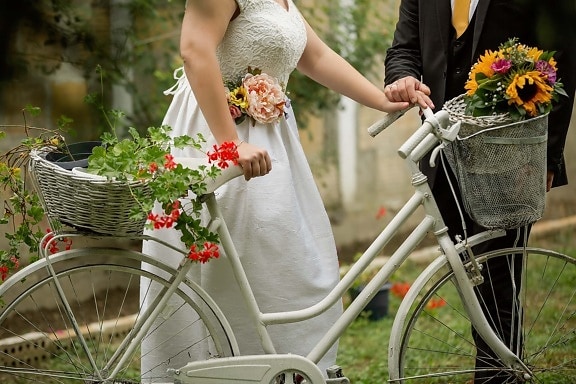 just married, groom, bicycle, bride, wicker basket, wedding dress, flowers, wedding, married, dress, love
