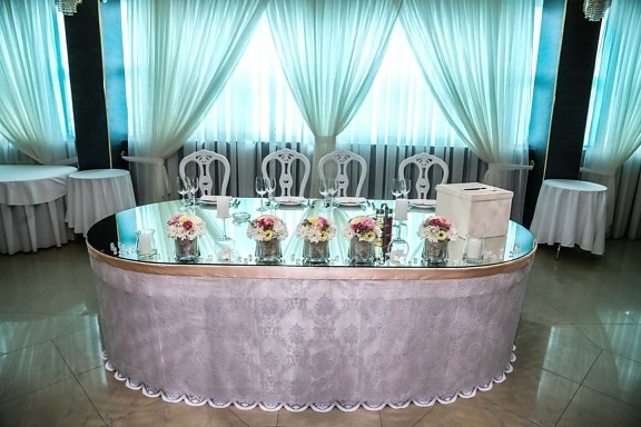hotell, bryllupsarena, elegante, luksus, bord, møbler, innendørs, bryllup, gardin, interiørdesign