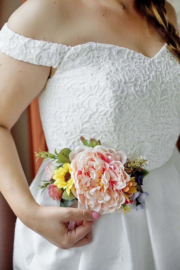 wedding dress, wedding bouquet, bride, salon, silk, cotton, dress, woman, bouquet, top