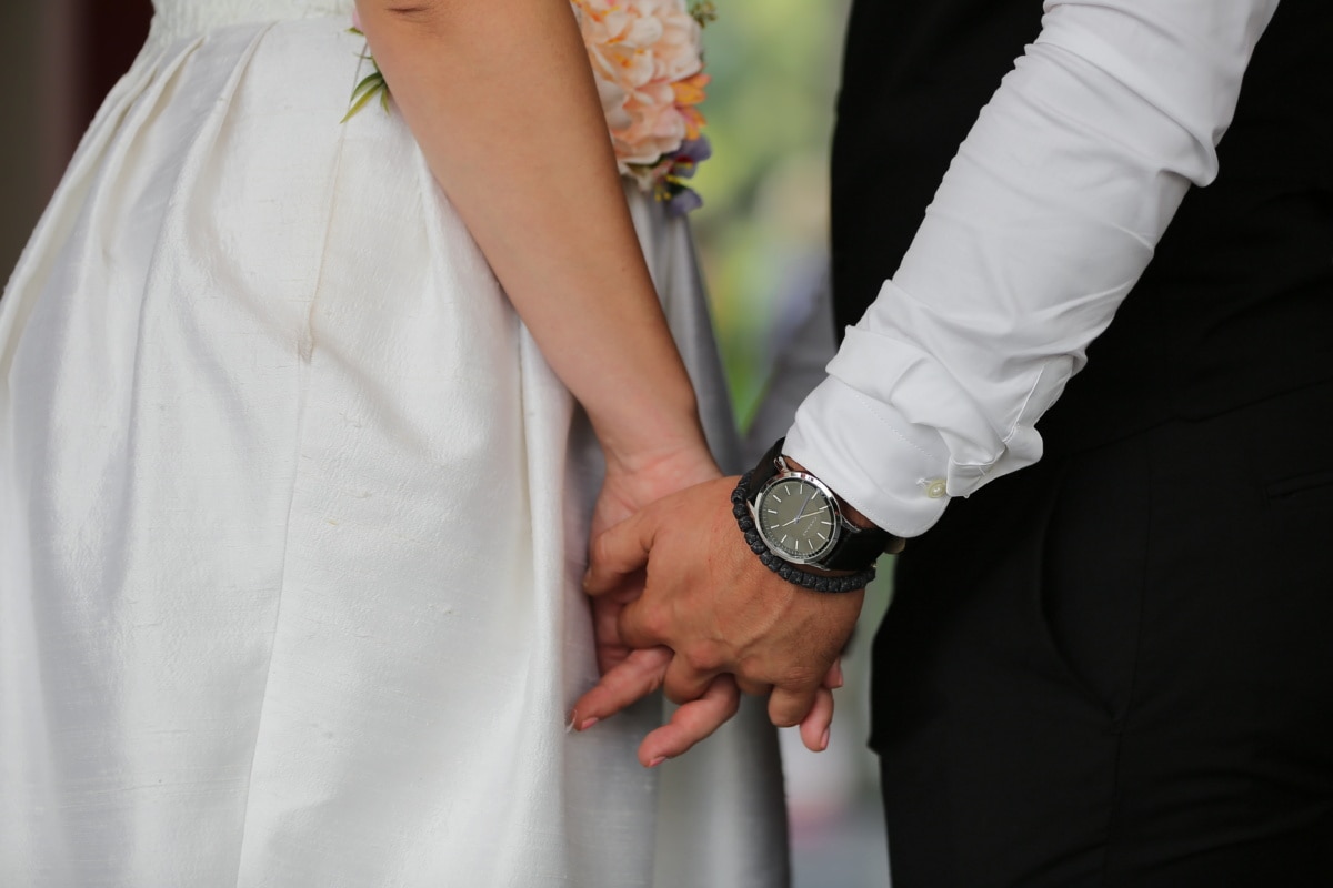 clock, wristwatch, arm, hands, groom, wedding dress, bride, wedding, woman, engagement