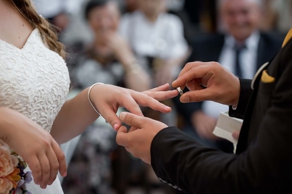 hands, wedding, ceremony, wedding ring, groom, woman, man, people, bride, fashion