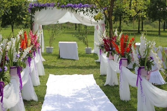 място за сватба, сватба, празен, церемония, градина, цвете, приемане, пейзаж, брак, празник