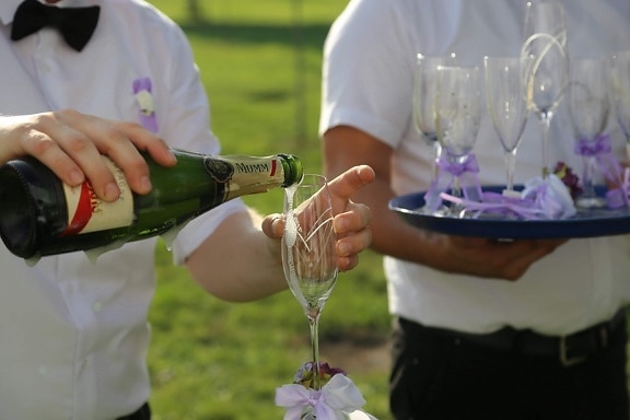 シャンパン, バーテンダー, 白ワイン, ガラス, お祝い, ドリンク, ワイン, 周年記念, ボトル, 人々
