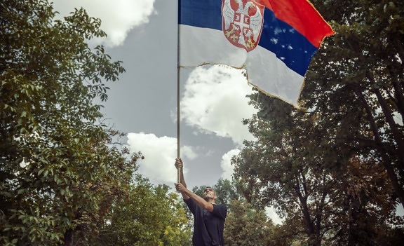 flagga, stående, Serbien, man, firande, stolthet, Heritage, tricolor, personer, patriotism