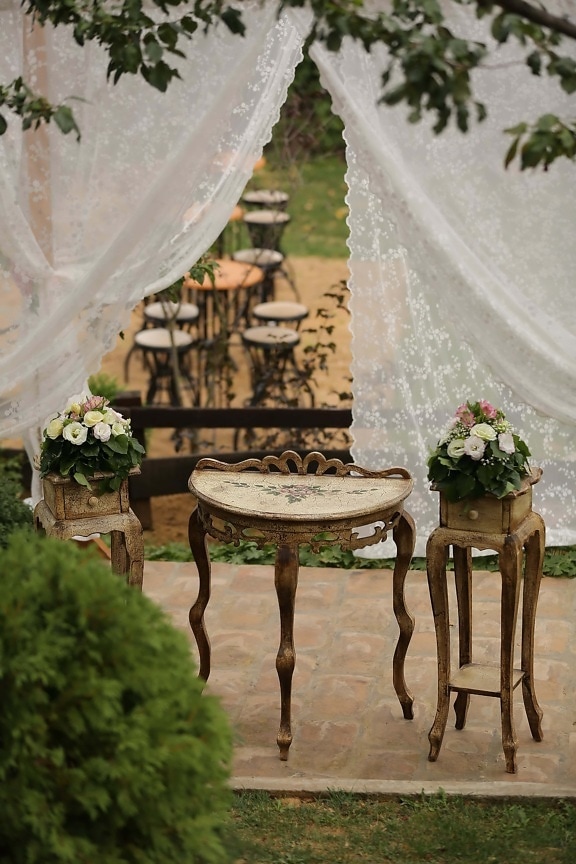 wedding venue, garden, romantic, tables, curtain, old fashioned, old style, building, structure, patio