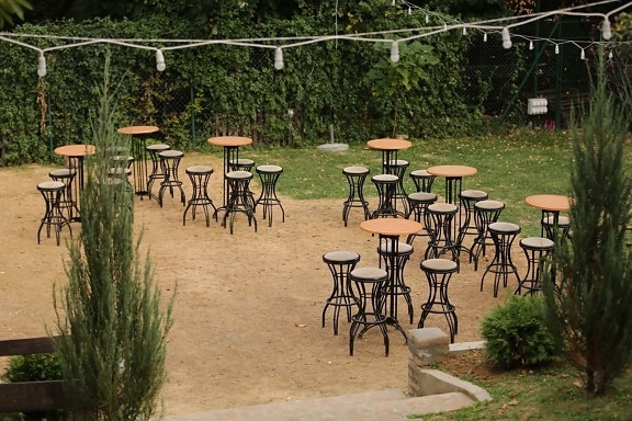 chairs, tables, empty, restaurant, garden, area, seat, patio, table, furniture