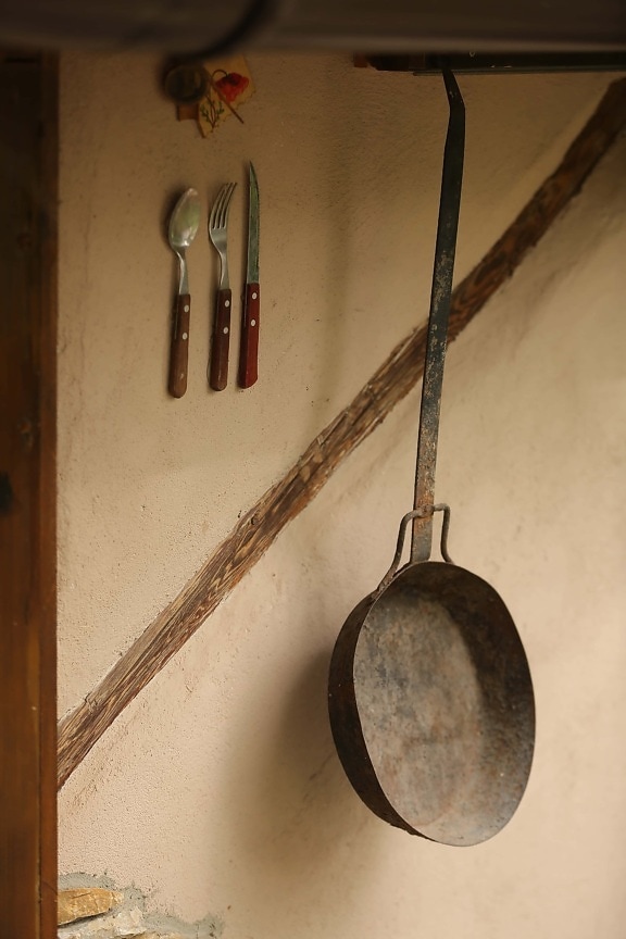 叉, 刀, 勺子, 村庄, 墙上, 挂, 装饰, 潘, 容器, 厨具