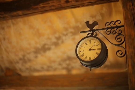 cast iron, analog clock, hanging, rooster, nostalgia, antique, hour, clock, alarm, wake