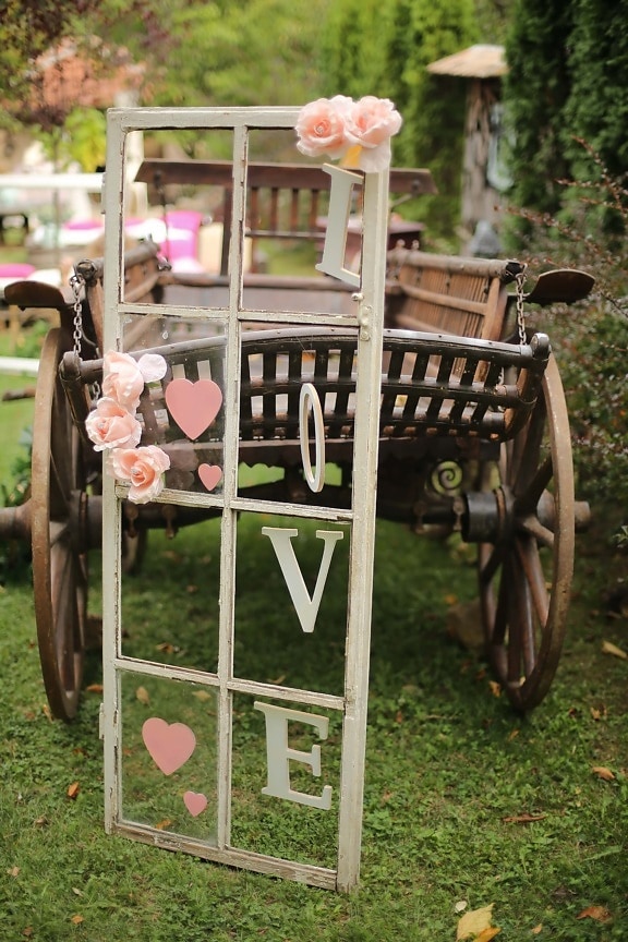 vintage, window, carriage, romantic, love, decoration, cart, wooden, old, wood