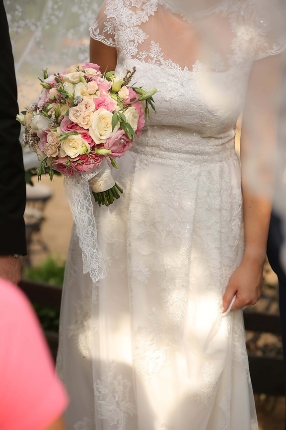 bouquet da sposa, matrimonio, vestito da sposa, in piedi, sposa, vestito, amore, sposato, bouquet, impegno