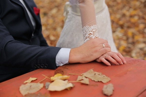 Ehering, Hochzeit, Herbst, gelbe Blätter, Zuneigung, Zweisamkeit, Frau, Bräutigam, Braut, Liebe