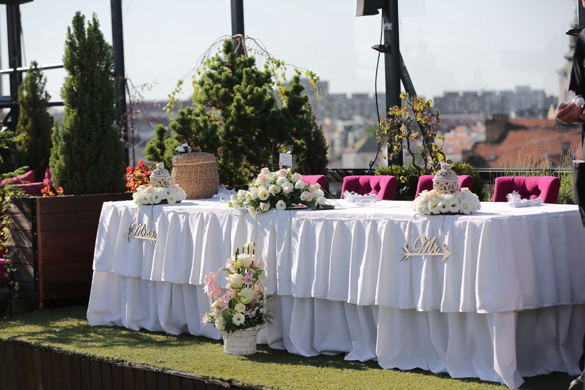 vista panorâmica, local de casamento, telhado, toalha de mesa, tabelas, decorativos, casamento, cerimônia, flor, celebração