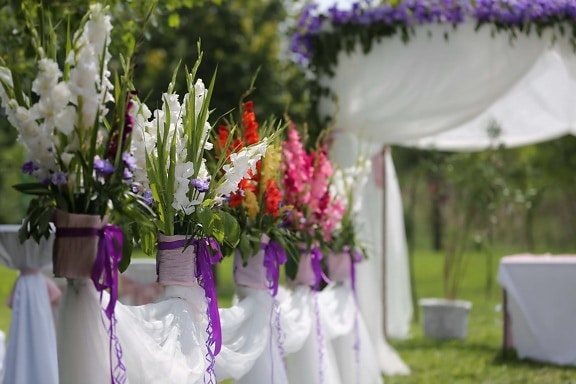 salle de mariage, parc, élégant, jardin, belles fleurs, fleur, bouquet, nature, robe, fleurs