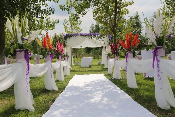 романтический, место свадьбы, открытый, ковер, декоративные, элегантный, шелк, белый, красивые цветы, прием
