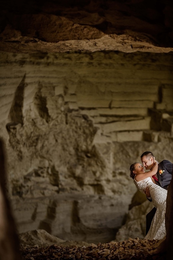 underground, newlyweds, cave, bride, groom, desert, cliff, people, rock, canyon