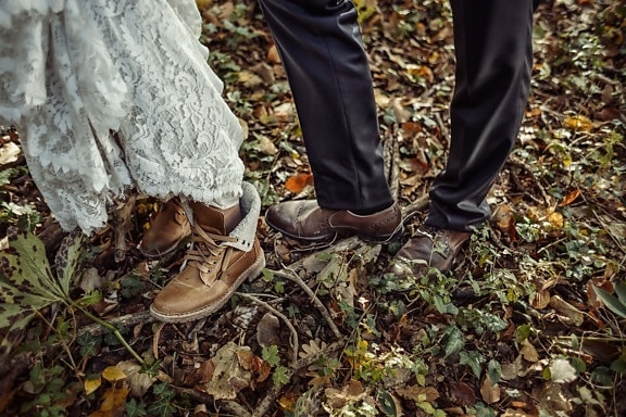 boots, shoes, autumn, mud, pants, groom, man, wedding dress, bride, woman
