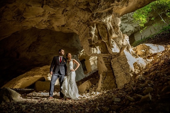 cave, underground, just married, wilderness, exploration, adventure, bride, groom, people, rock