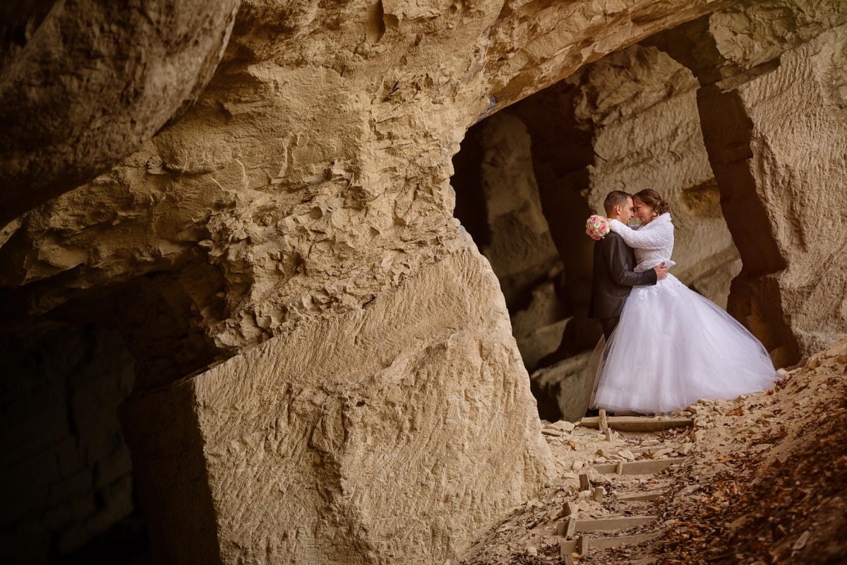 ondergronds, grot, knuffelen, bruid, bruidegom, liefde, canyon, rots, mensen, vrouw