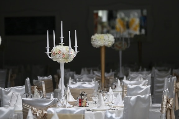 fantaisie, table à dîner, salle de mariage, salle à manger, bougies, meubles, nappe, chandelier, table, luxe
