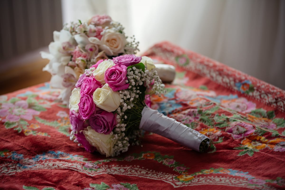 ložnice, svatební kytice, růže, květ, dekorace, kytice, polštář, nevěsta, uspořádání, svatba