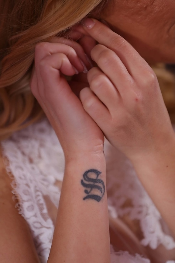 händerna, tecken, ärm, symbol, tatuering, finger, kvinna, hand, vård, huden